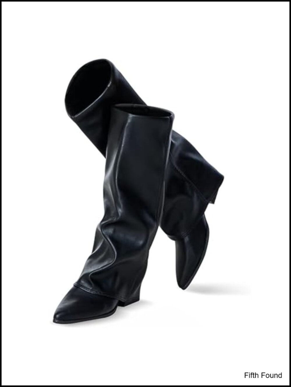 Fold Over Shark Boots Women Pointed Toe Block Heel Wide Calf Faux Leather